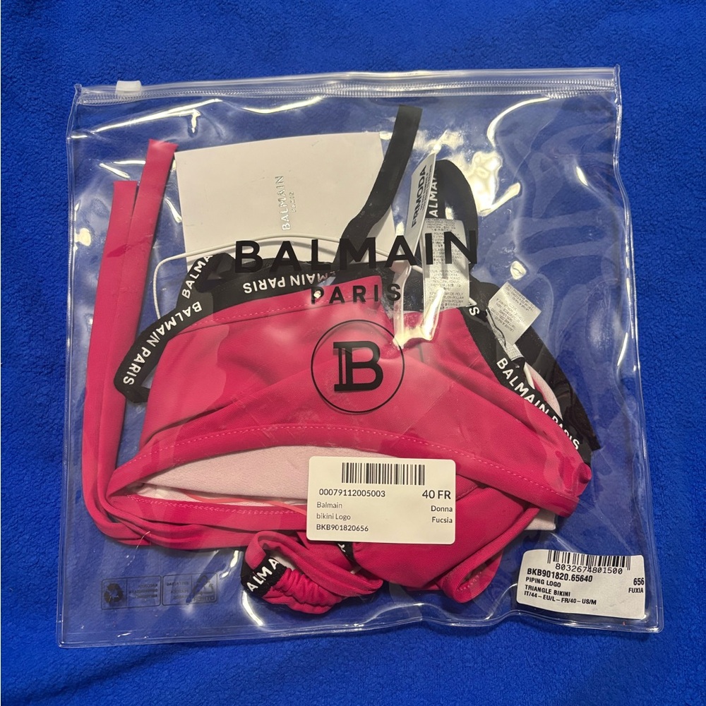 Brand New Balmain Pink and Black Piping Logo Bikini